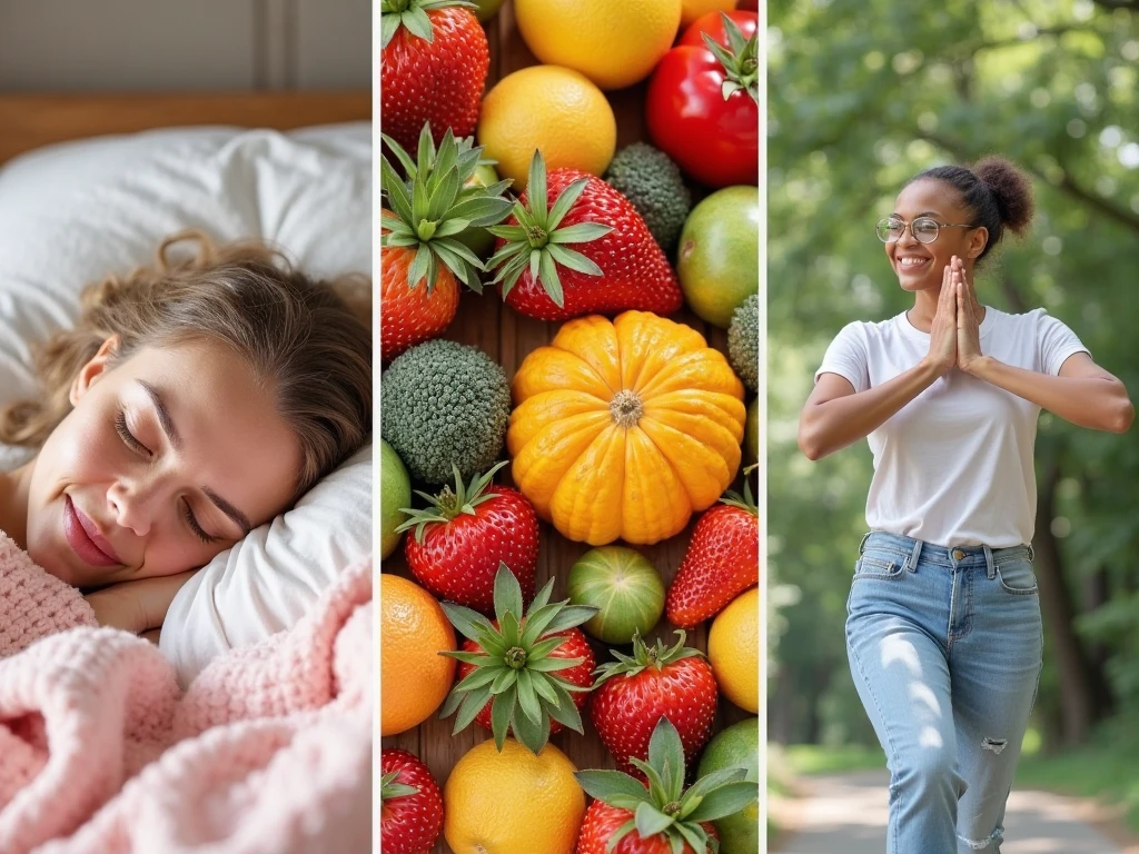 A collage representing holistic healing, including restful sleep, healthy nutrition, and exercise, essential for supporting mindfulness and burnout recovery.