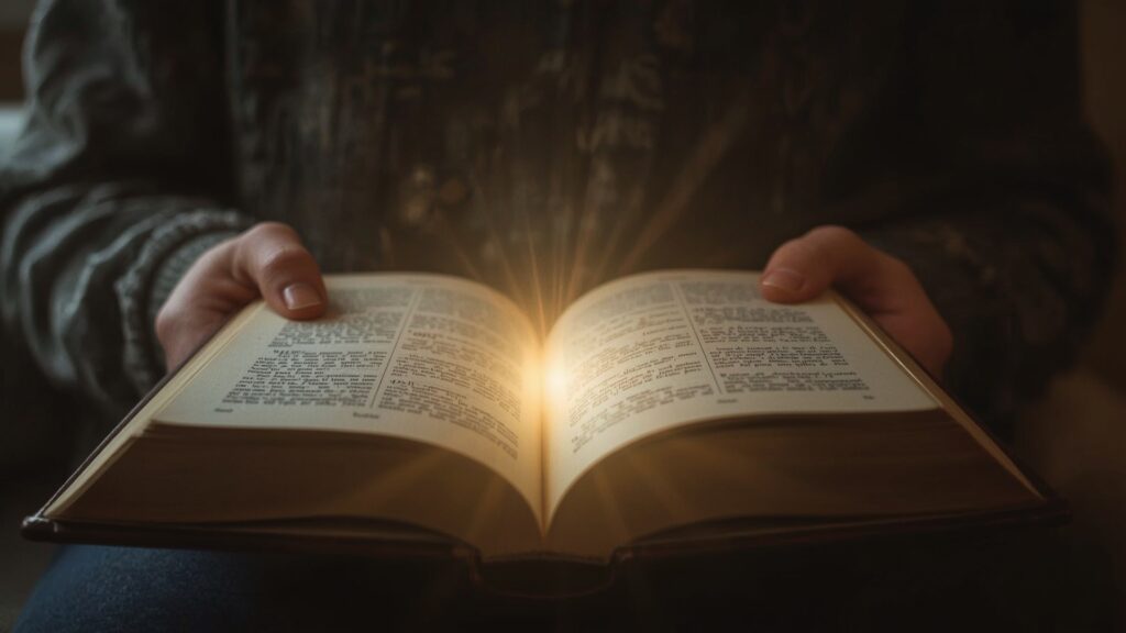 Hands holding an open book with a bright, warm light radiating from its pages, symbolizing discovery and the insights gained from resilience.