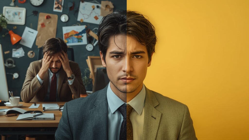 A split image showing the stark contrast between burnout (overwhelmed, exhausted person) and the calm clarity achieved through mindfulness practice.