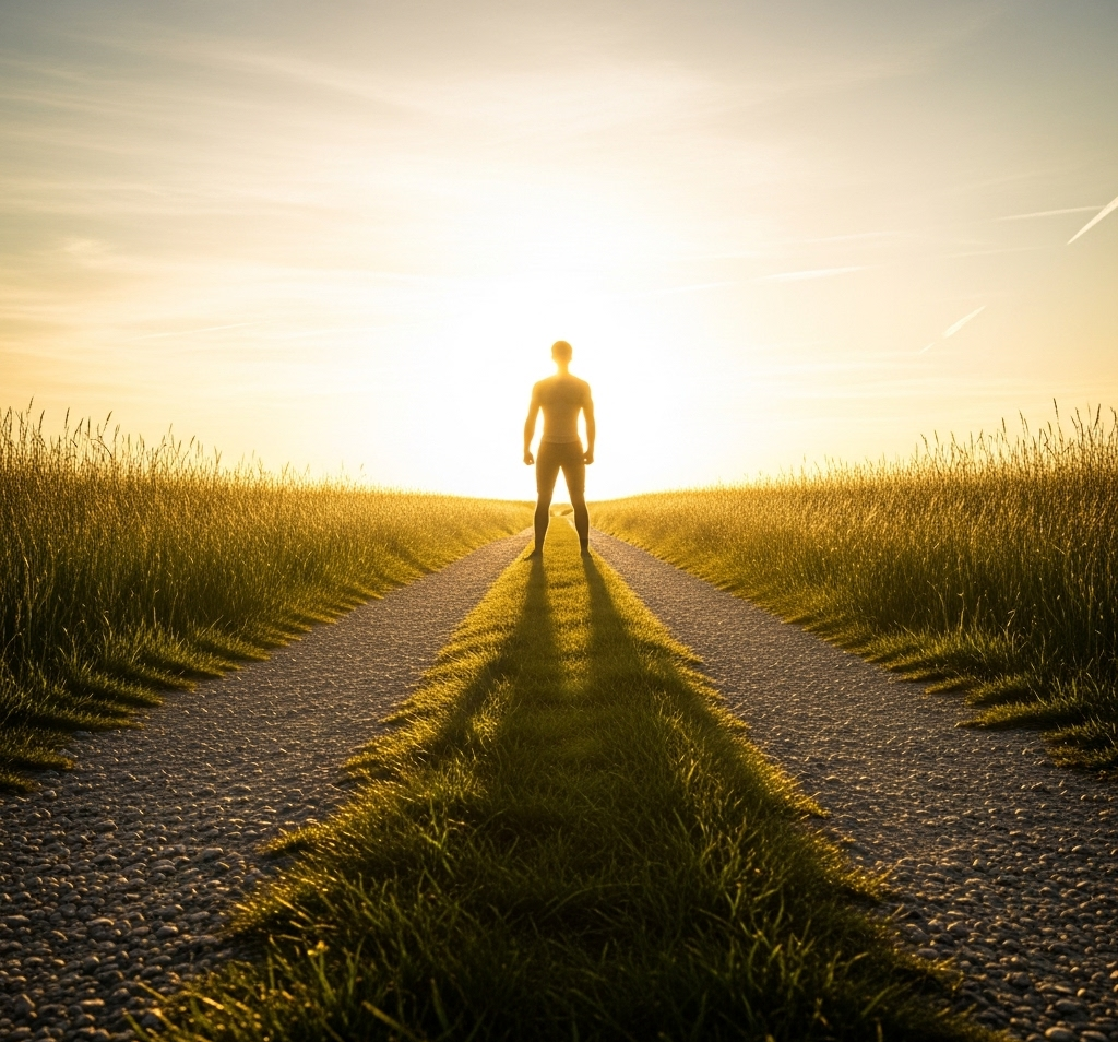 Silhouette of a person standing confidently on a path leading towards a bright, hopeful horizon, symbolizing the journey of resilience and future growth.