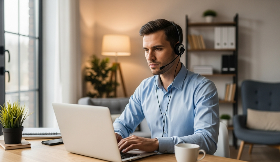 A professional wearing the best headset for work in a modern home office, demonstrating focus and productivity